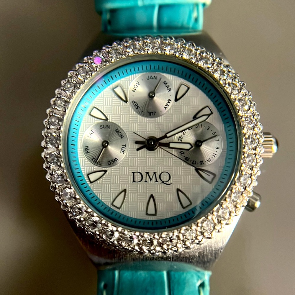 Ladies DMQ Diamonique Blue Croc Leather Band Watch